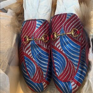 Gucci Red and Blue Patterned Moccasins